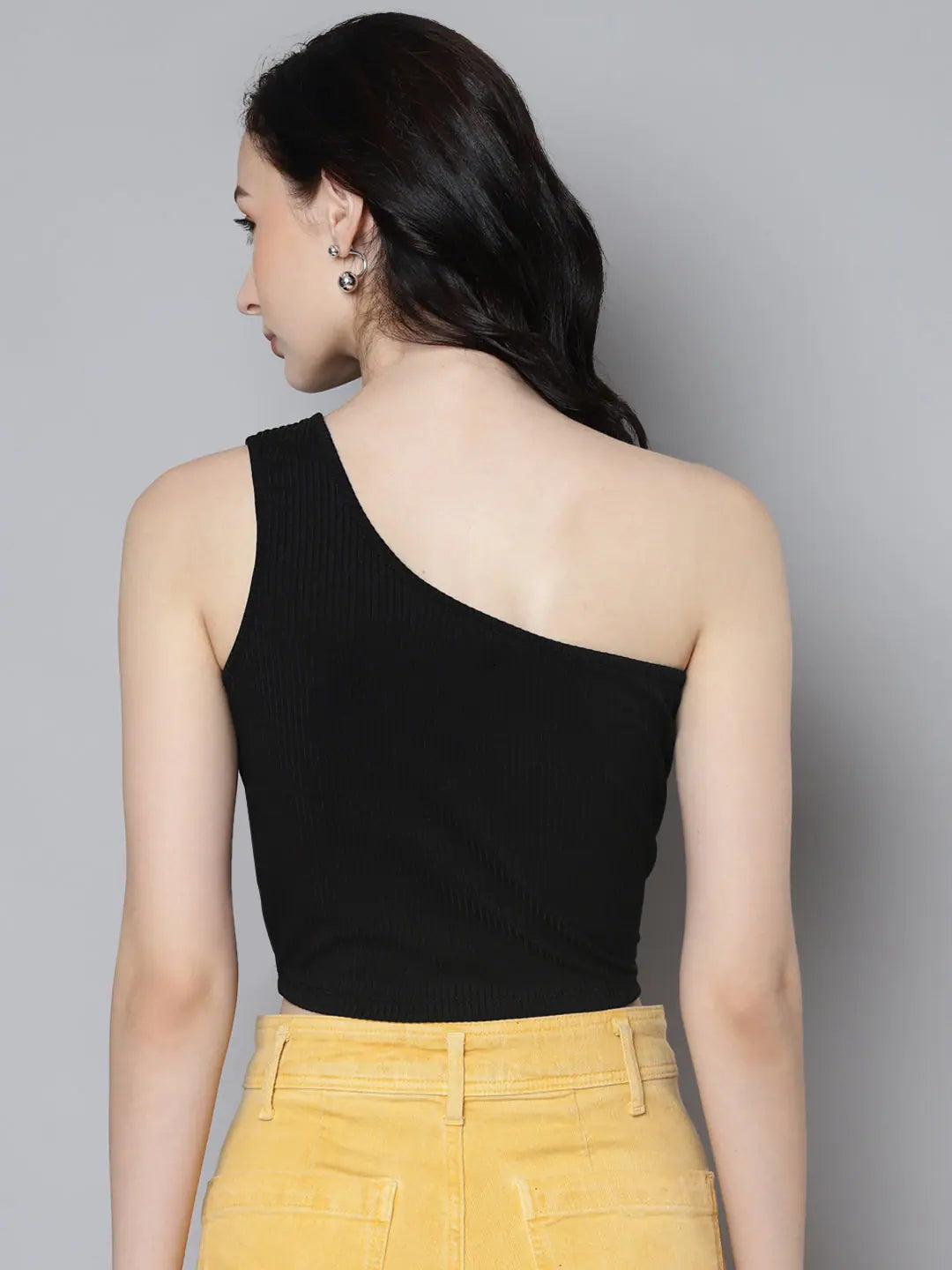 Charcoal One Shoulder Crop Top | Lycra Rib Knit