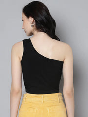 Women Charcoal Rib One Shoulder Crop Top