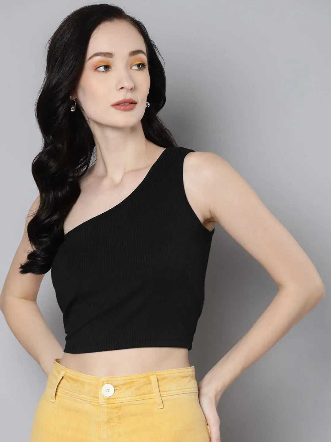 Charcoal One Shoulder Crop Top | Lycra Rib Knit