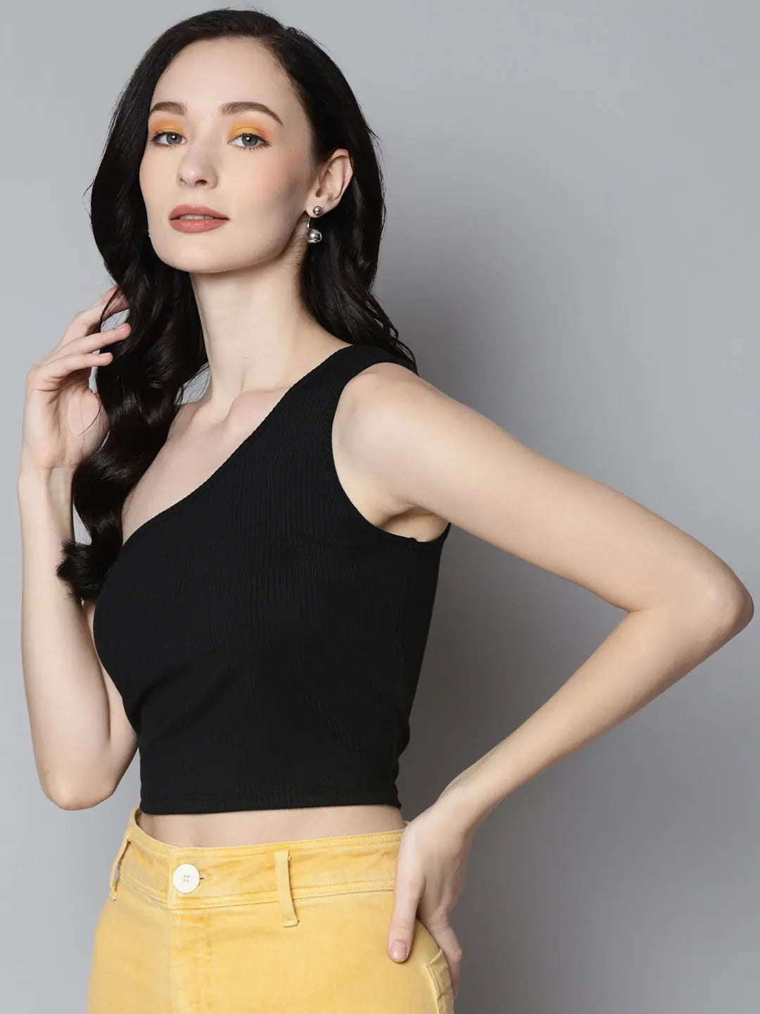 Charcoal One Shoulder Crop Top | Lycra Rib Knit