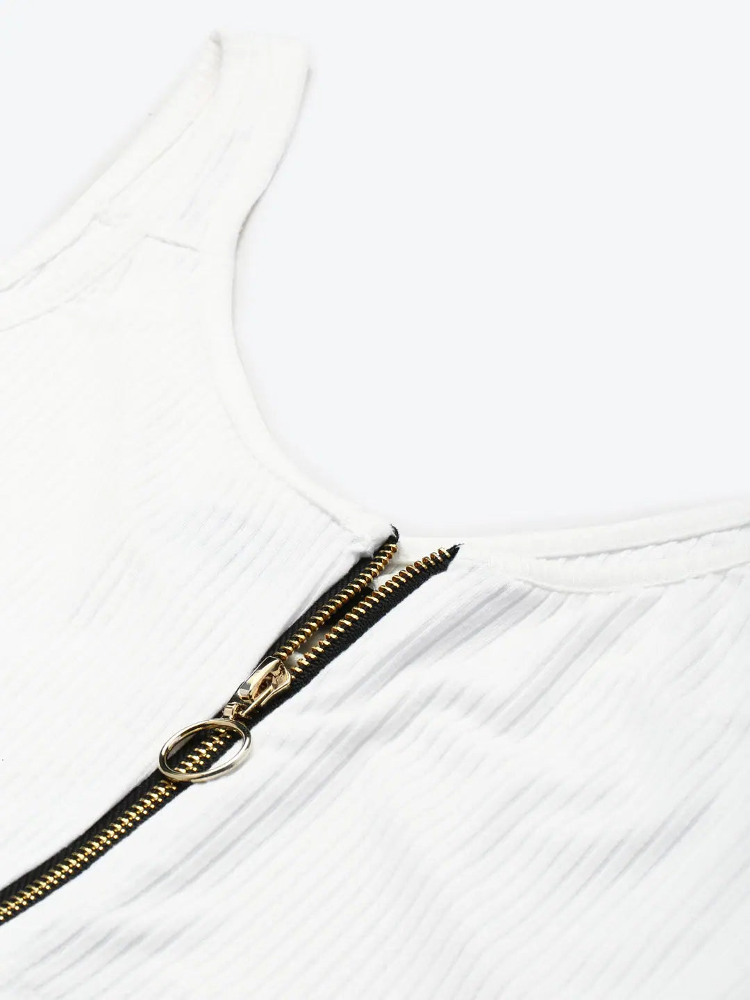 White Rib Front Zipper Crop Top for Women