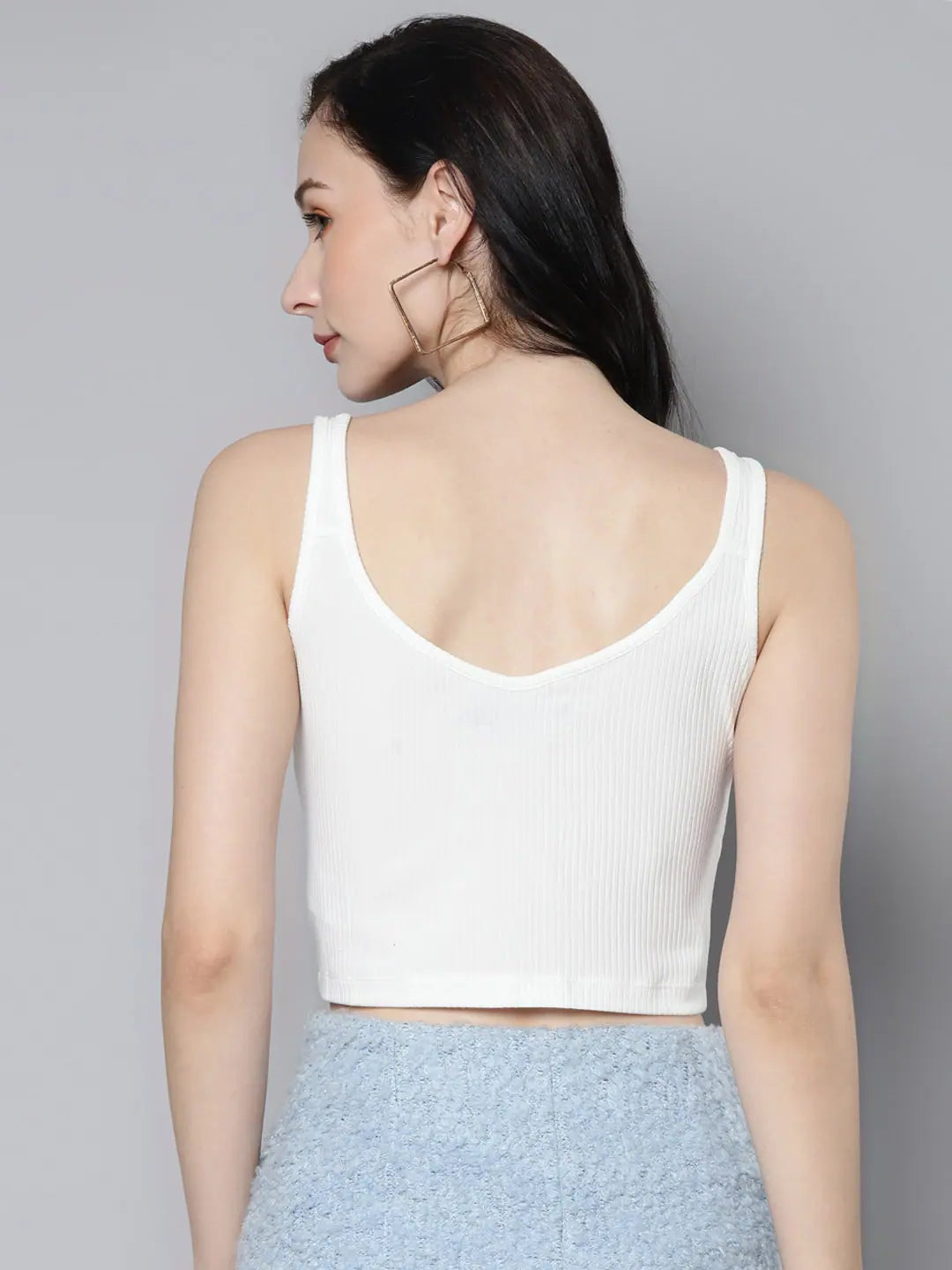 White Rib Front Zipper Crop Top for Women