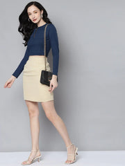 Women Blue Rib Zip Front Full Sleeves Crop Top