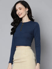 Women Blue Rib Zip Front Full Sleeves Crop Top