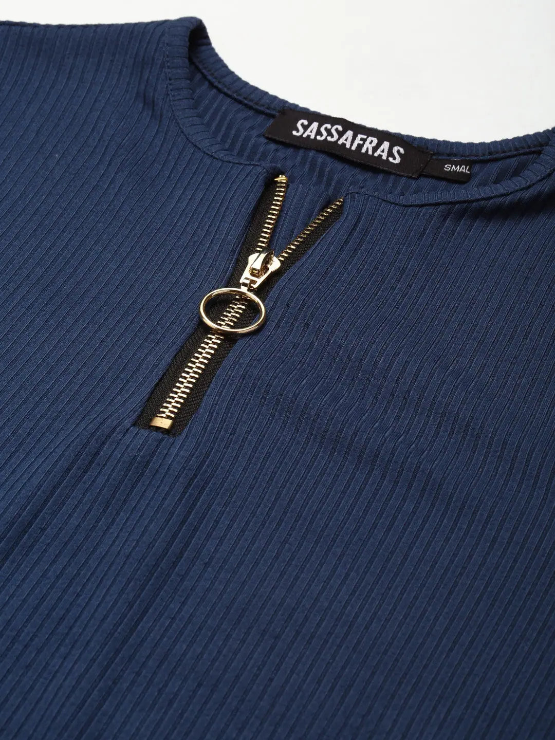 Blue Ribbed Zip Front Crop Top - Women's Full Sleeves