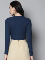 Women Blue Rib Zip Front Full Sleeves Crop Top