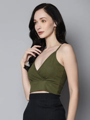 Women Olive Rib Wrap Neck Crop Top