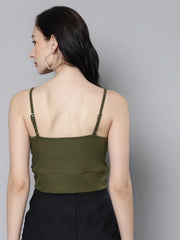 Women Olive Rib Wrap Neck Crop Top