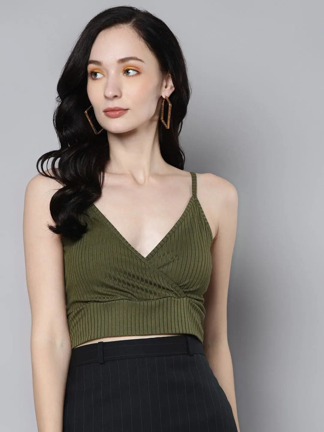 Olive Ribbed Wrap Neck Crop Top | Festive Lehenga for Women