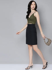 Women Olive Rib Wrap Neck Crop Top