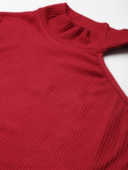 Women Red Rib One Shoulder Collar Crop Top