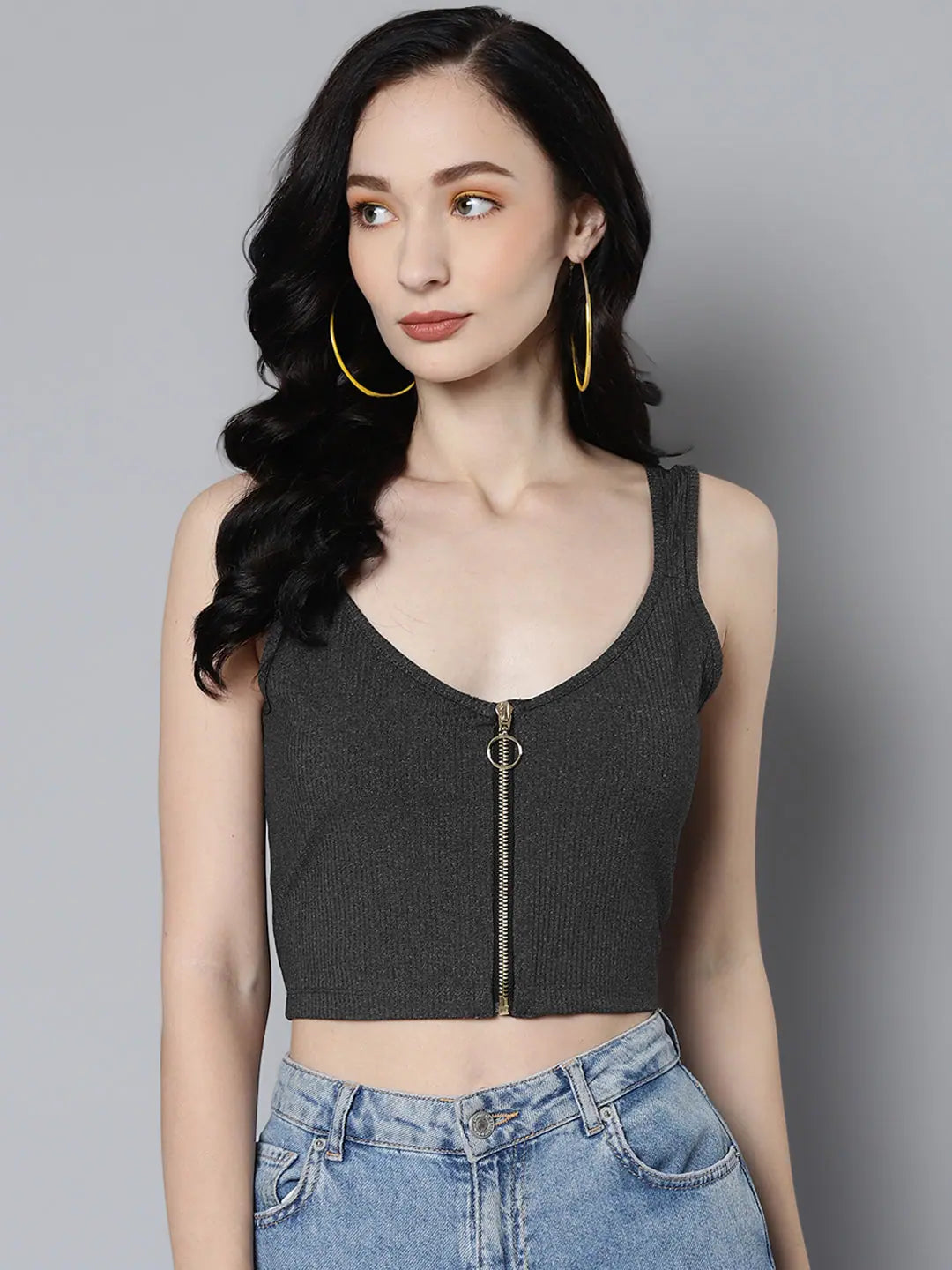 Dark Grey Ribbed Zipper Crop Top | Lehenga Choli for Women