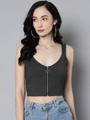 Women Dark Grey Rib Front Zipper Crop Top