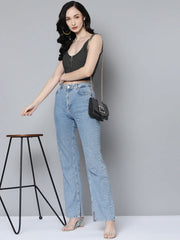 Women Dark Grey Rib Front Zipper Crop Top