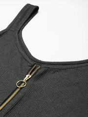 Women Dark Grey Rib Front Zipper Crop Top