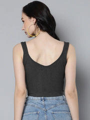 Women Dark Grey Rib Front Zipper Crop Top