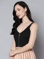 Women Charcoal Rib Front Zipper Crop Top