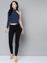 Women Blue Rib One Shoulder Collar Crop Top