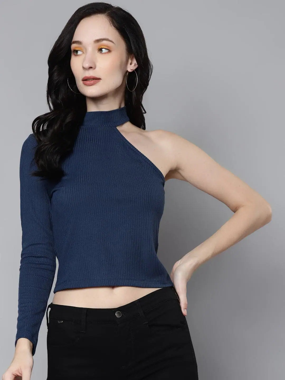 Blue Rib One Shoulder Crop Top | Women's Western Wear