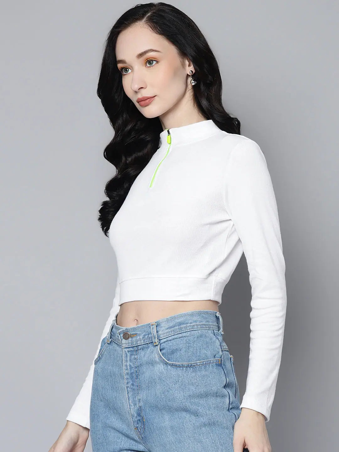 White Ribbed Active Crop Top - High Neck Zipper | Women's Style