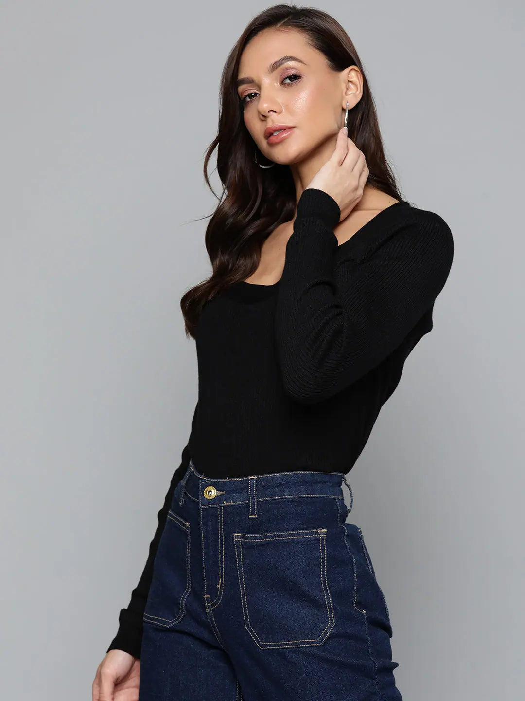 Black Rib Square Neck Sweater - Women's Western Clothing