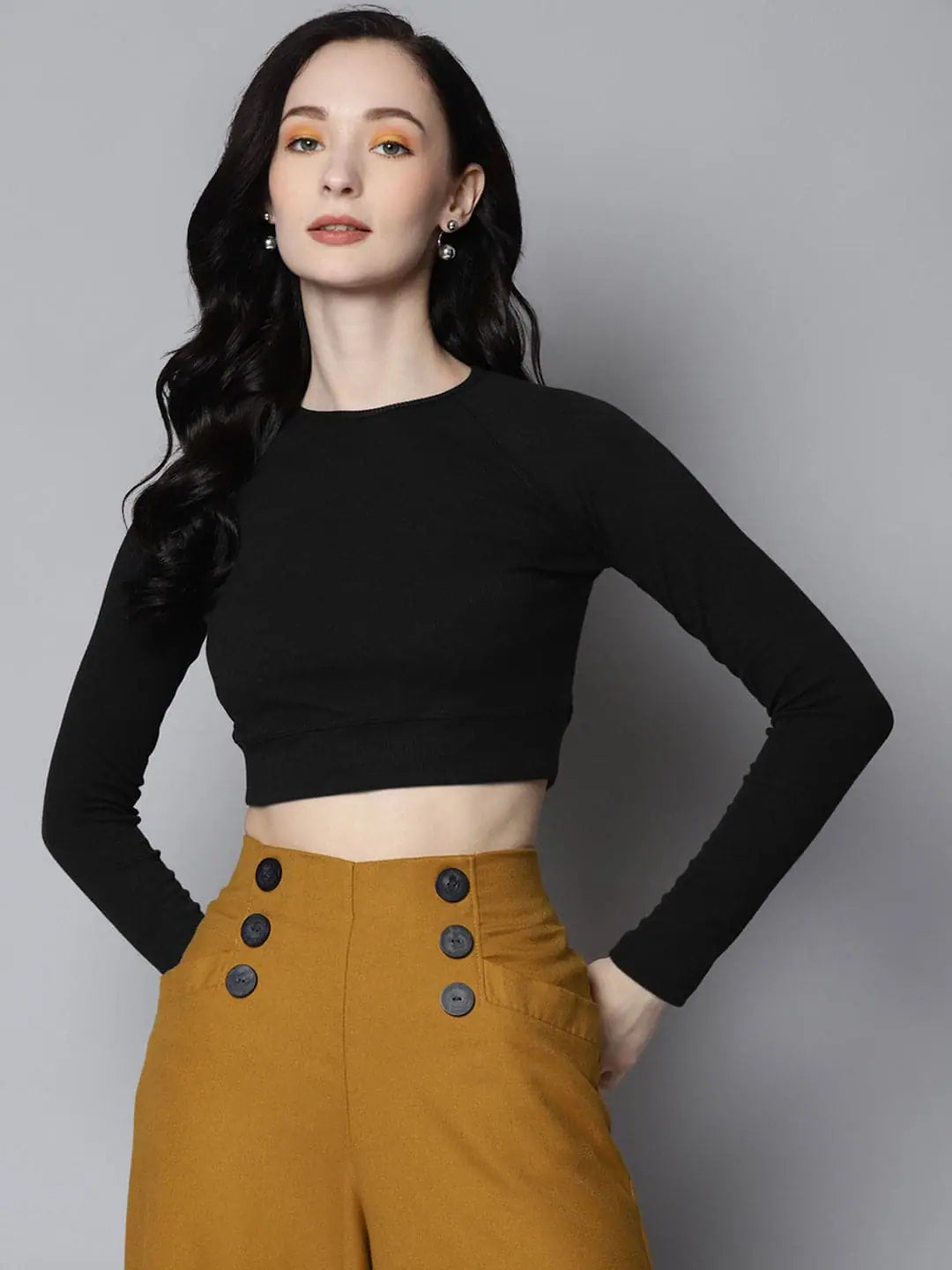 Women Black Rib Full Sleeve ACTIVE Crop Top