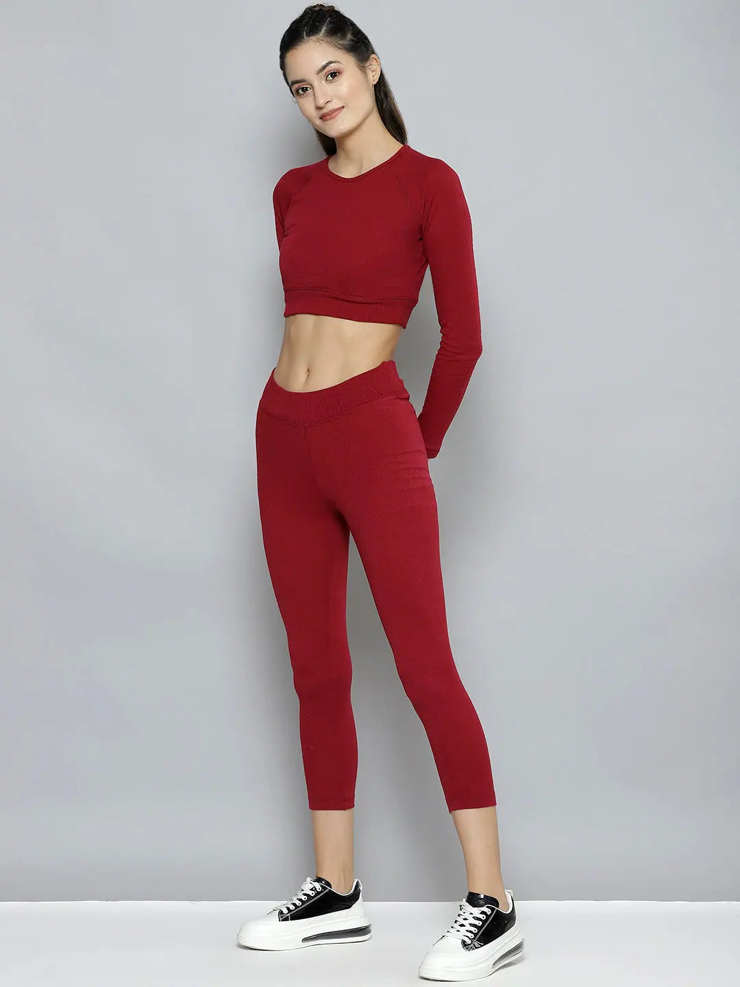 Wholesale Women Maroon Rib ACTIVE Crop Top With Tights