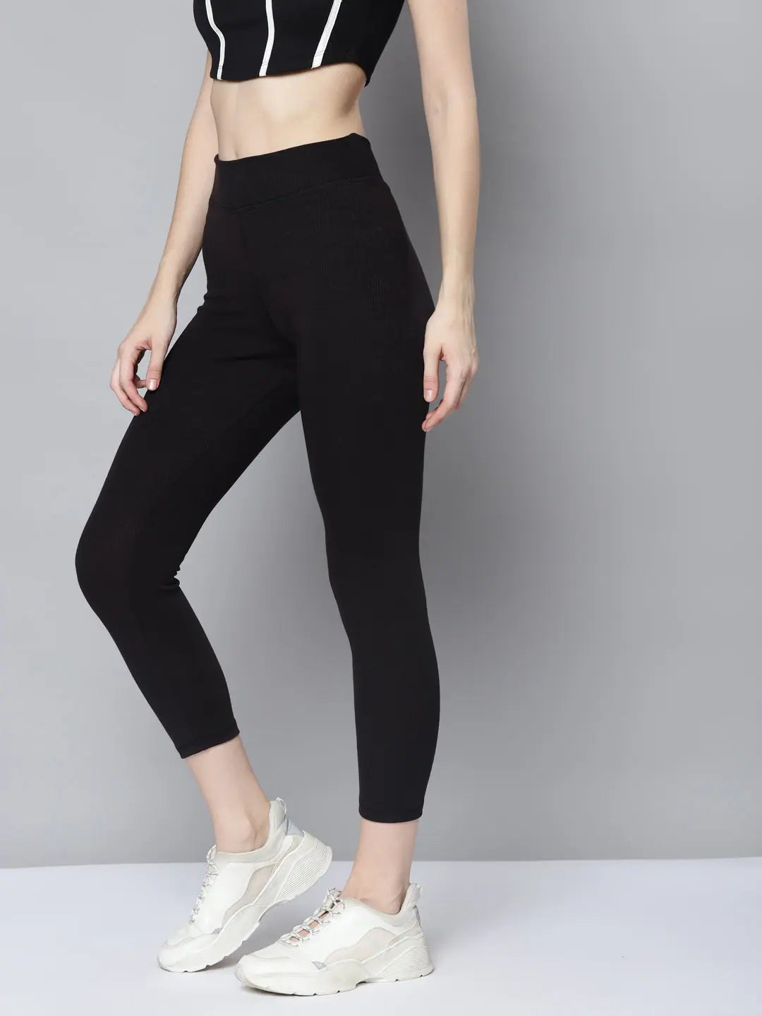 Black Active Tights - High Waist Ribbed Workout Gym Pants