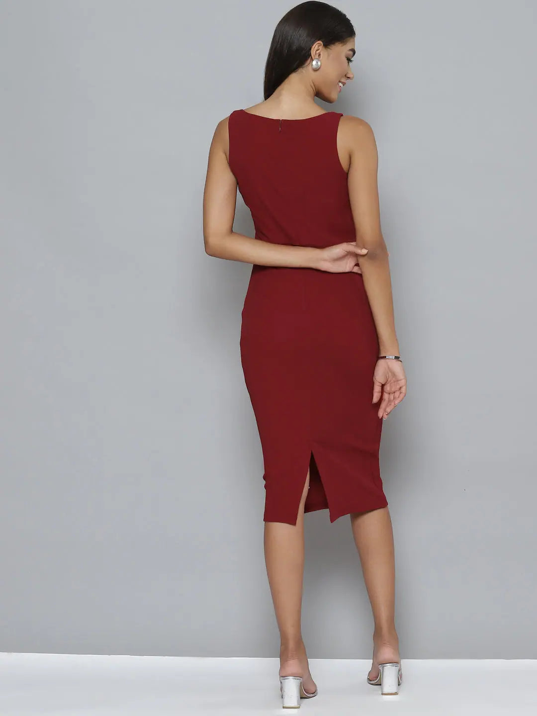 Maroon Cut-Out Bodycon Dress - Buckle Detail, Women's Dress
