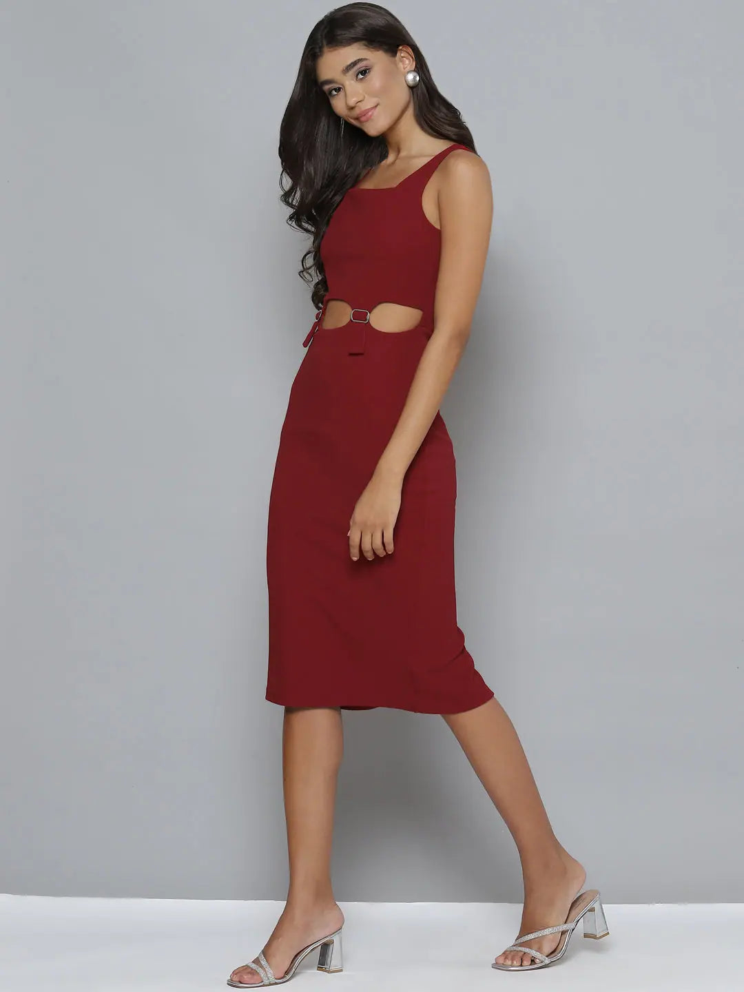 Maroon Cut-Out Bodycon Dress - Buckle Detail, Women's Dress