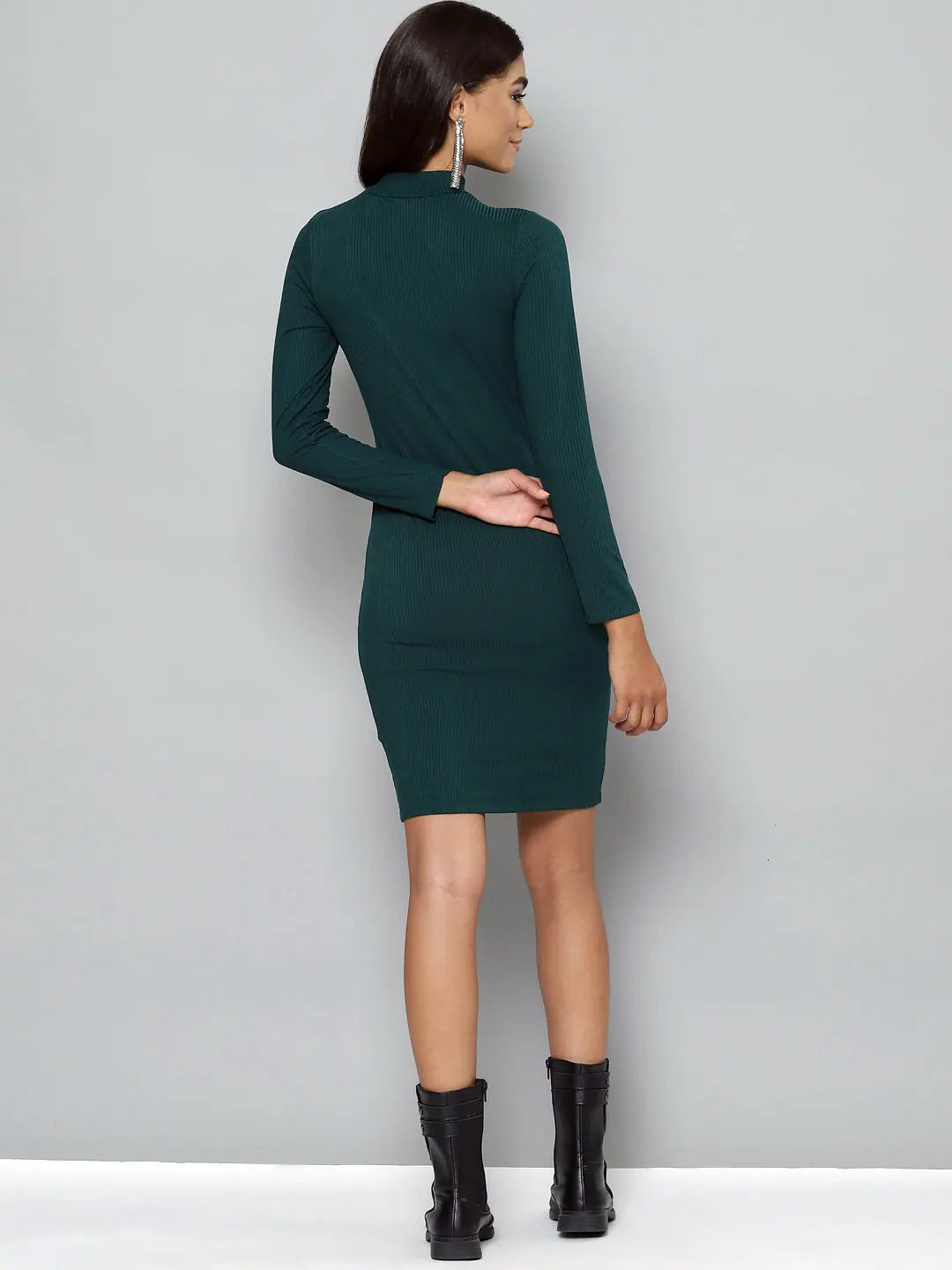 Emerald Bodycon Dress - Ribbed High Neck Short Dress