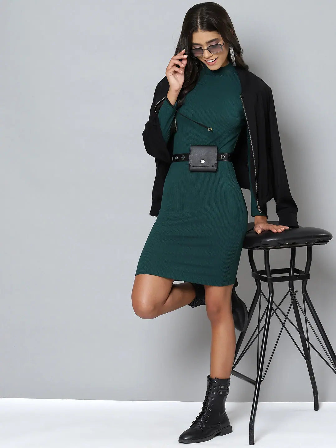 Emerald Bodycon Dress - Ribbed High Neck Short Dress