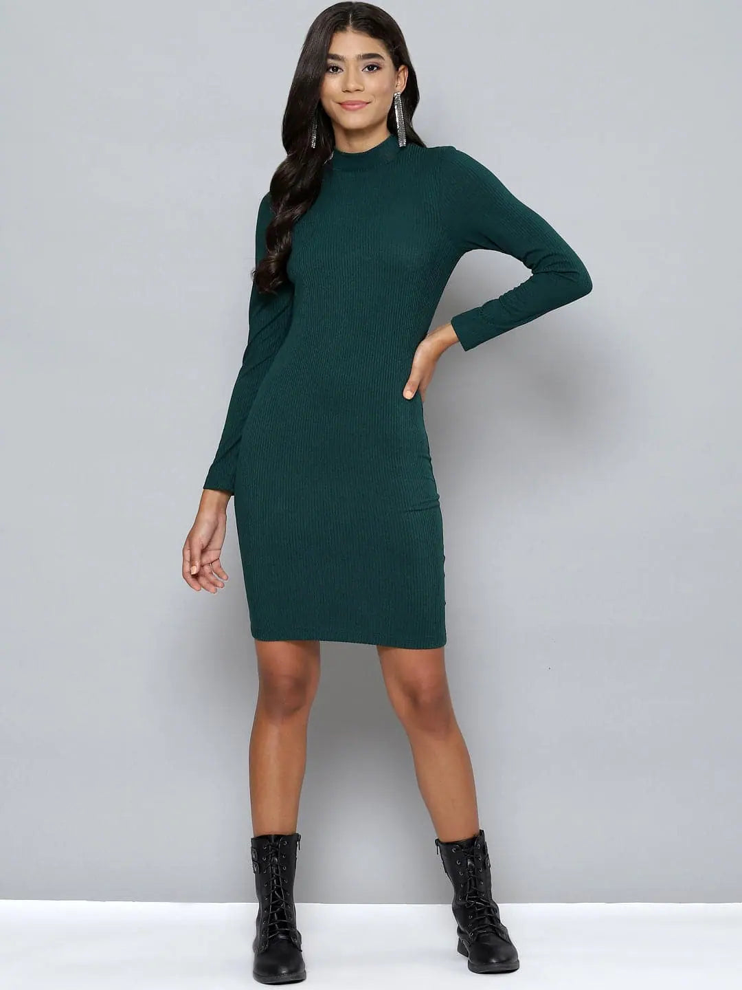 Emerald Bodycon Dress - Ribbed High Neck Short Dress