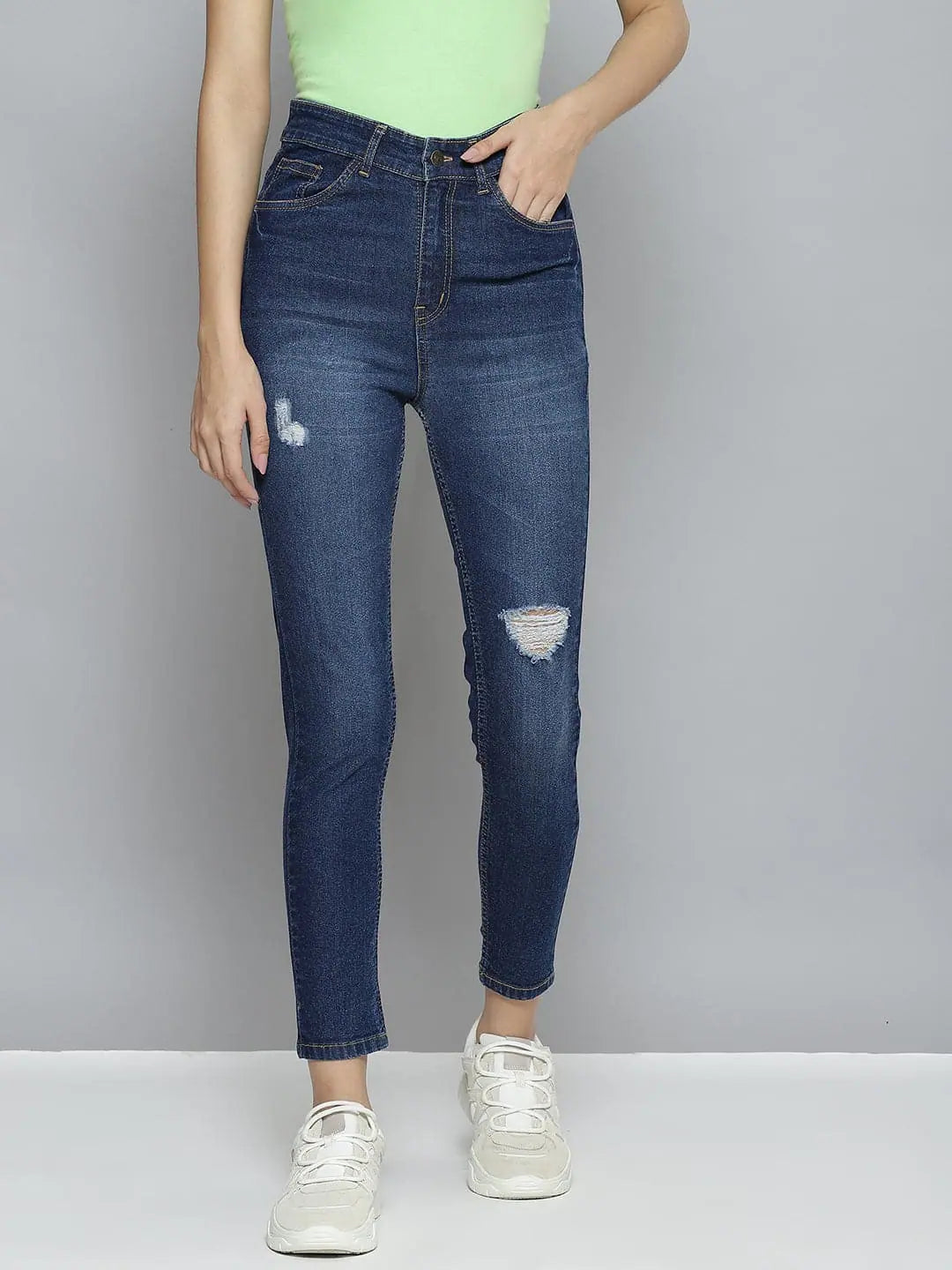 Women's Blue Distressed Slit Jeans | Slim Fit Denim