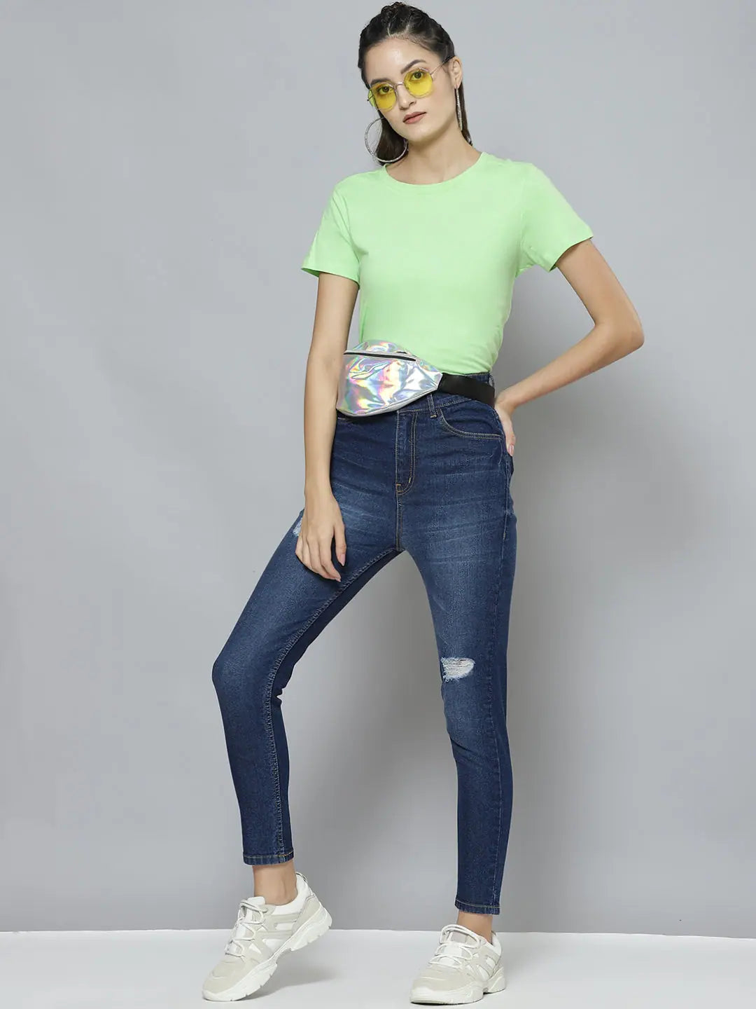 Women's Blue Distressed Slit Jeans | Slim Fit Denim