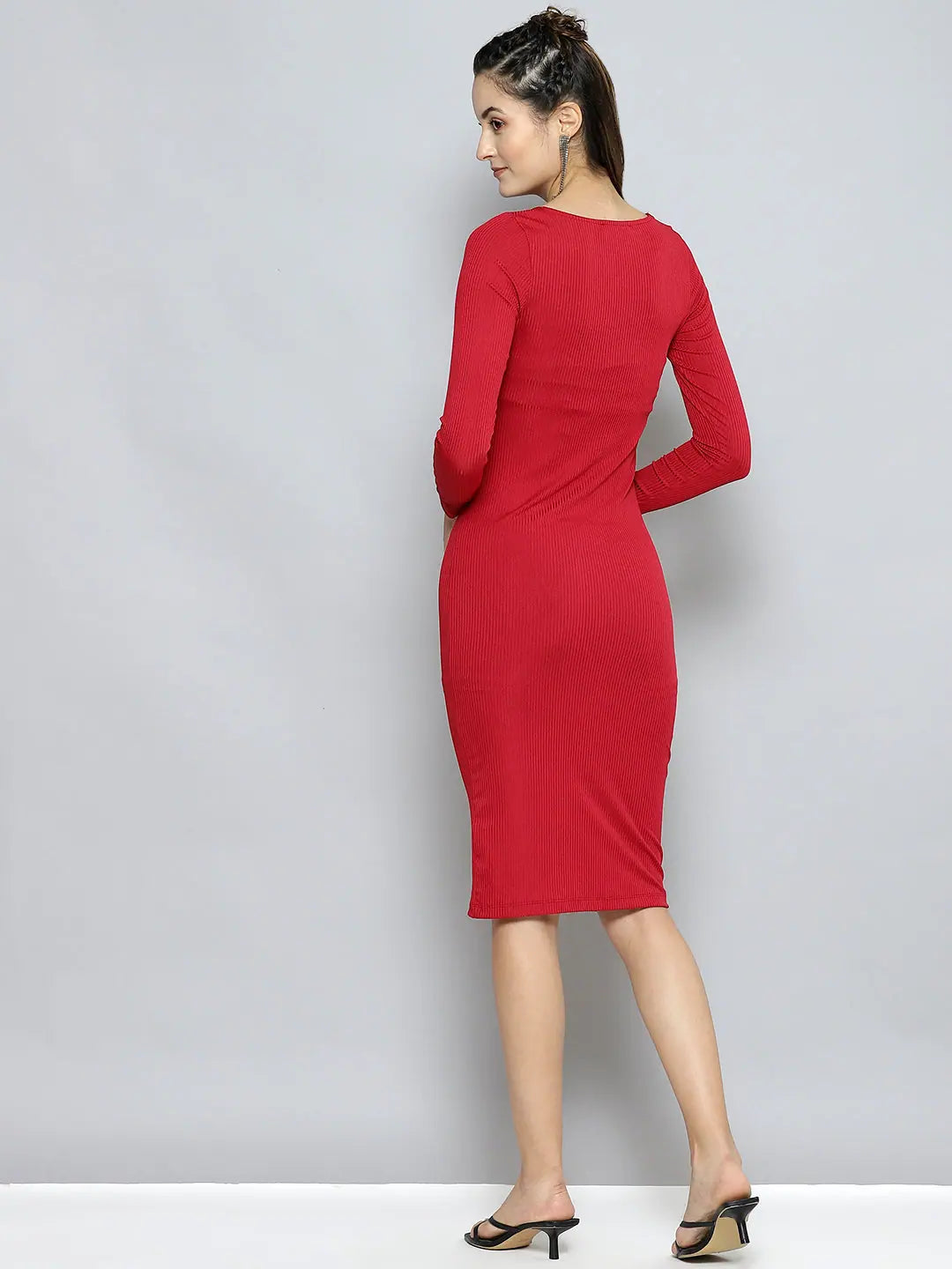 Red Bodycon Midi Dress - Sweetheart Neck, Ribbed Fabric