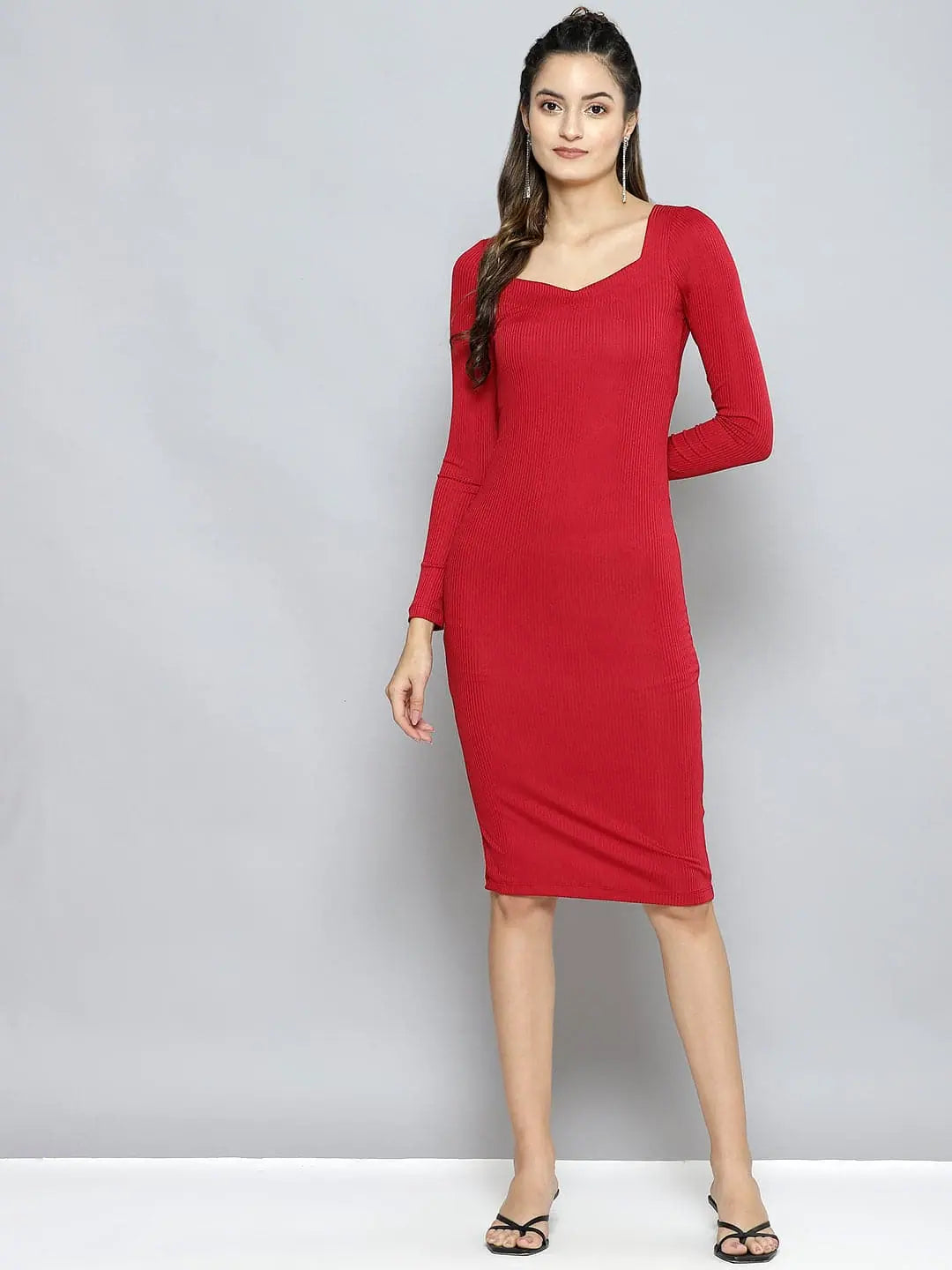 Red Bodycon Midi Dress - Sweetheart Neck, Ribbed Fabric