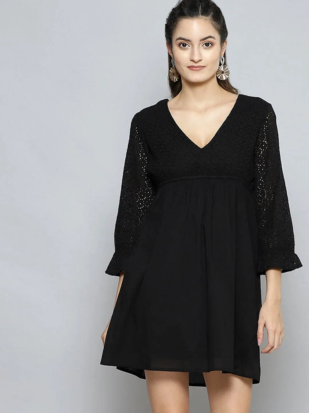 Black Schiffli Wrap Dress | Fit & Flare Women's Lehenga Style