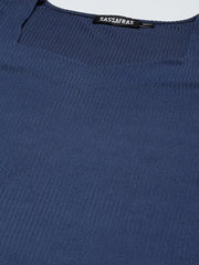 Women Blue Rib Sweetheart Neck BodyCon Midi Dress