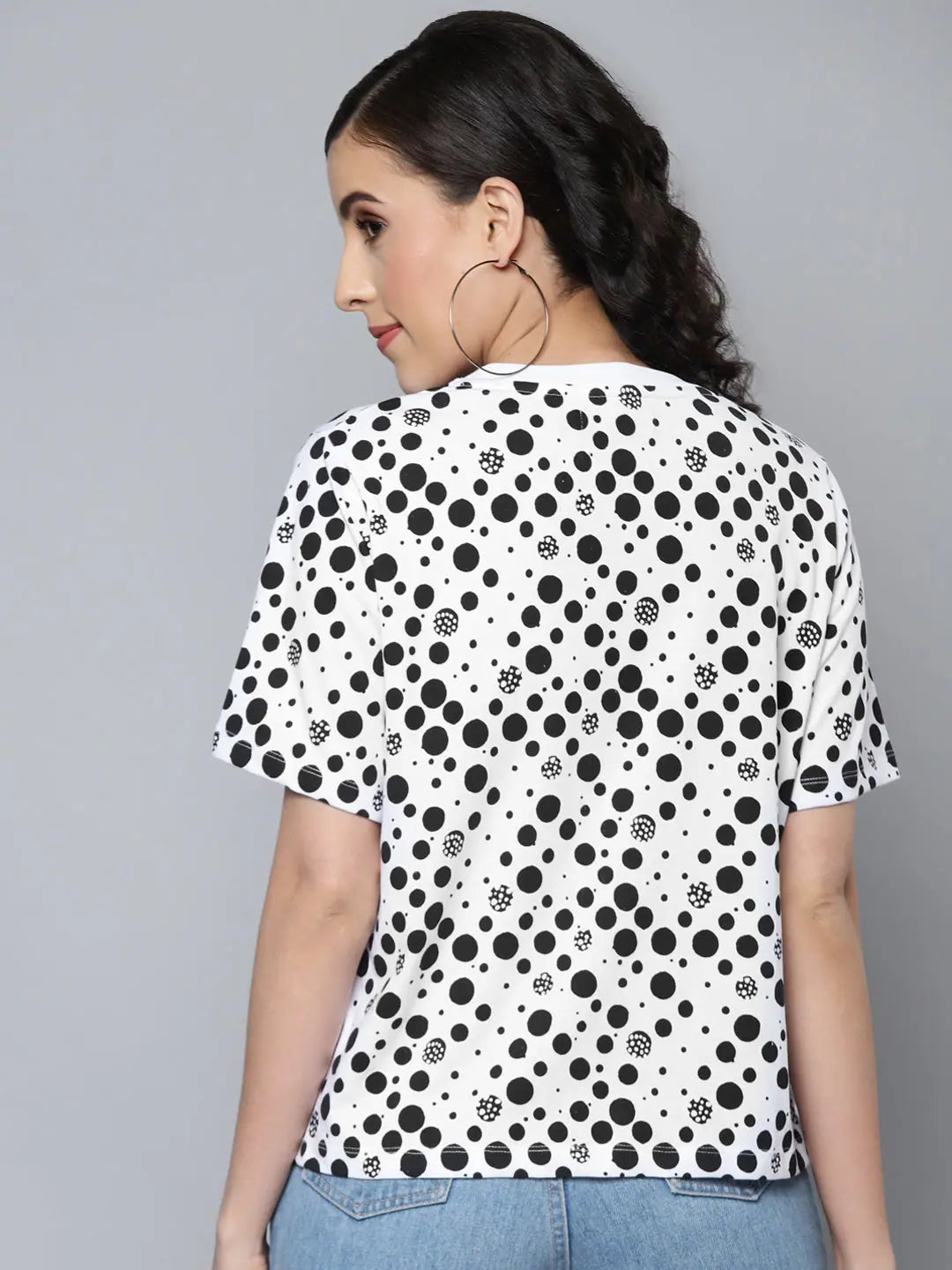 Women's Polka Dot T-Shirt - Black Cotton Designer Tee
