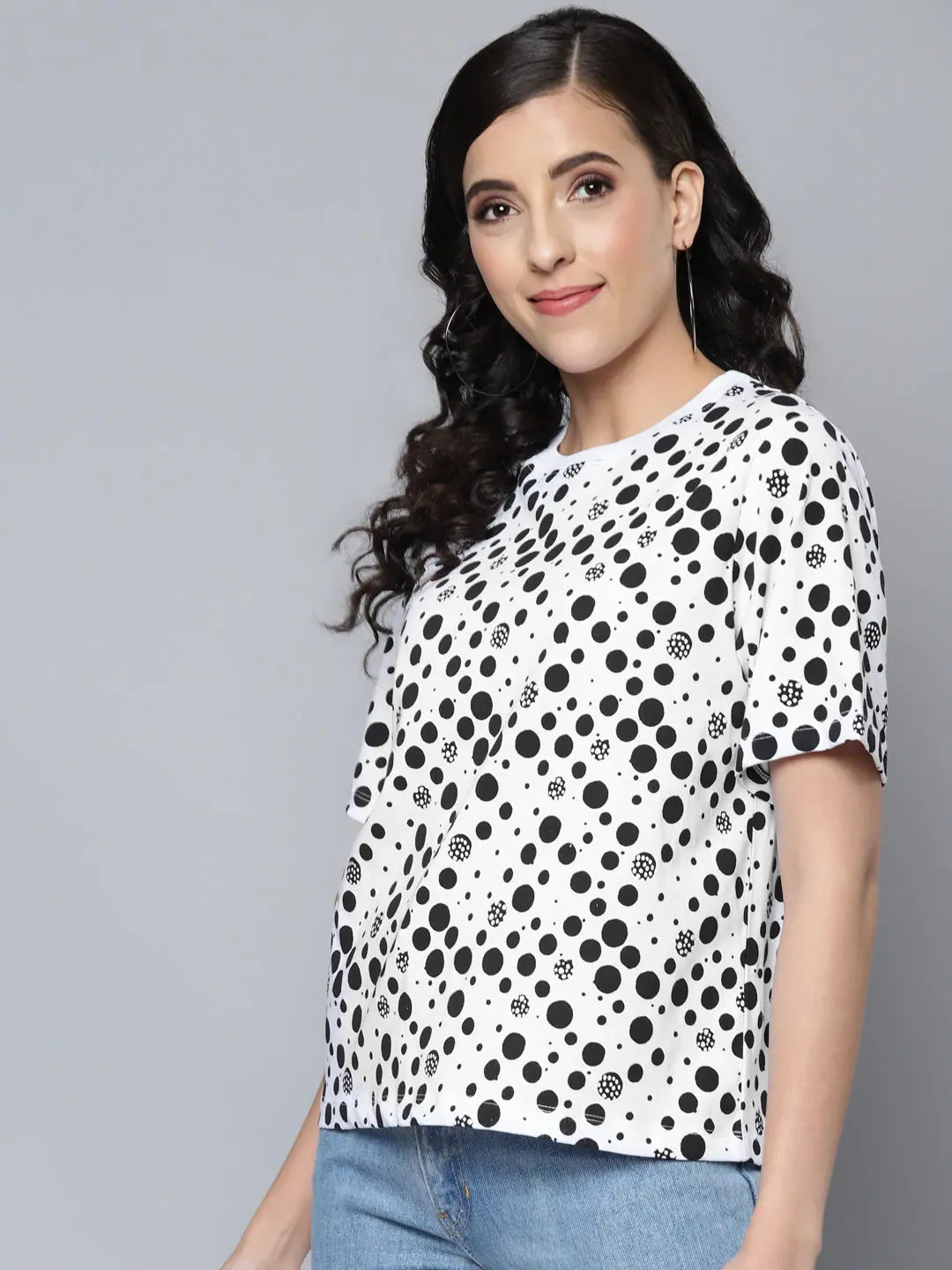 Women's Polka Dot T-Shirt - Black Cotton Designer Tee