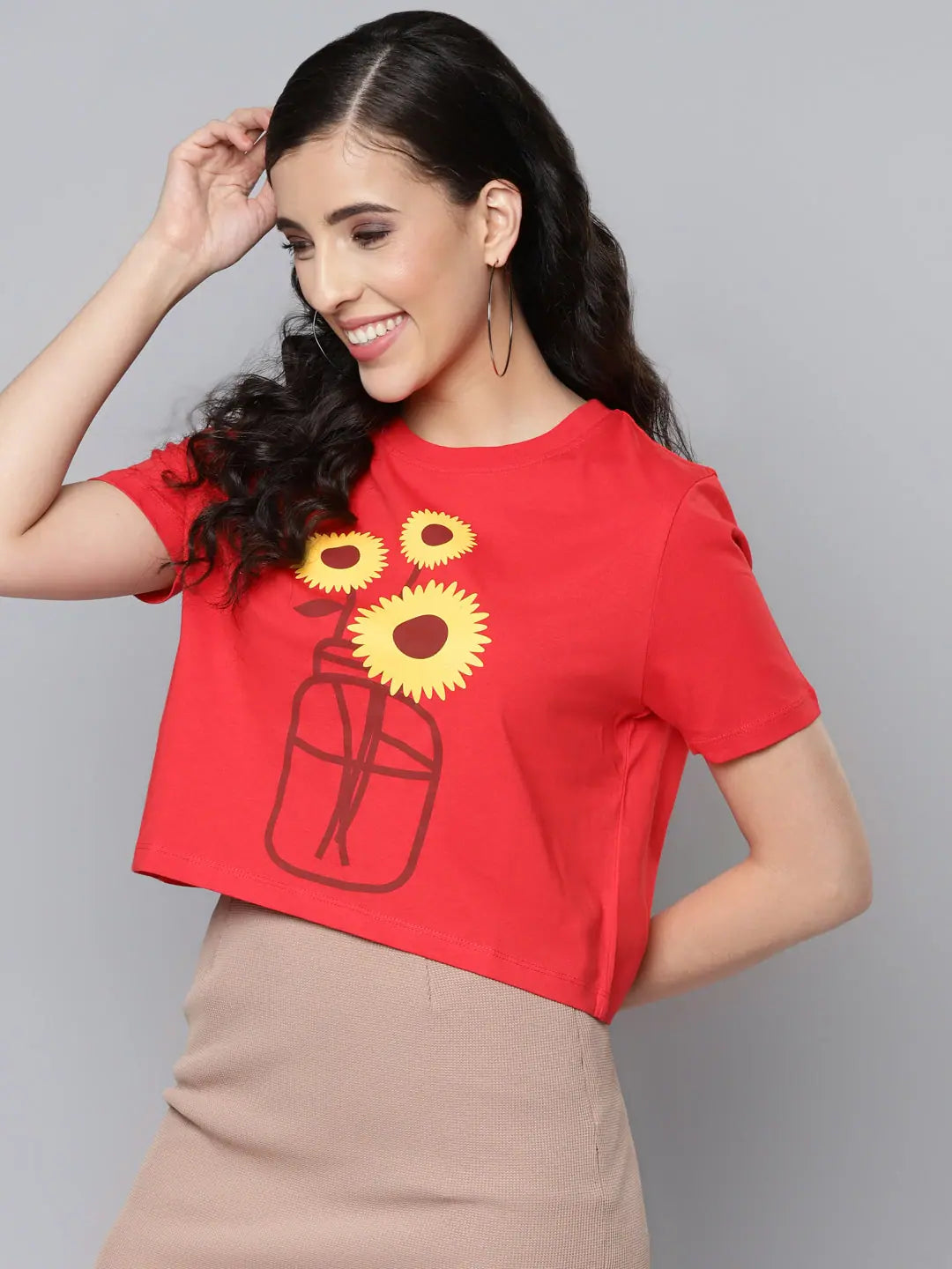 Red Flower Vase Crop Top - Designer Lehenga Styling Piece