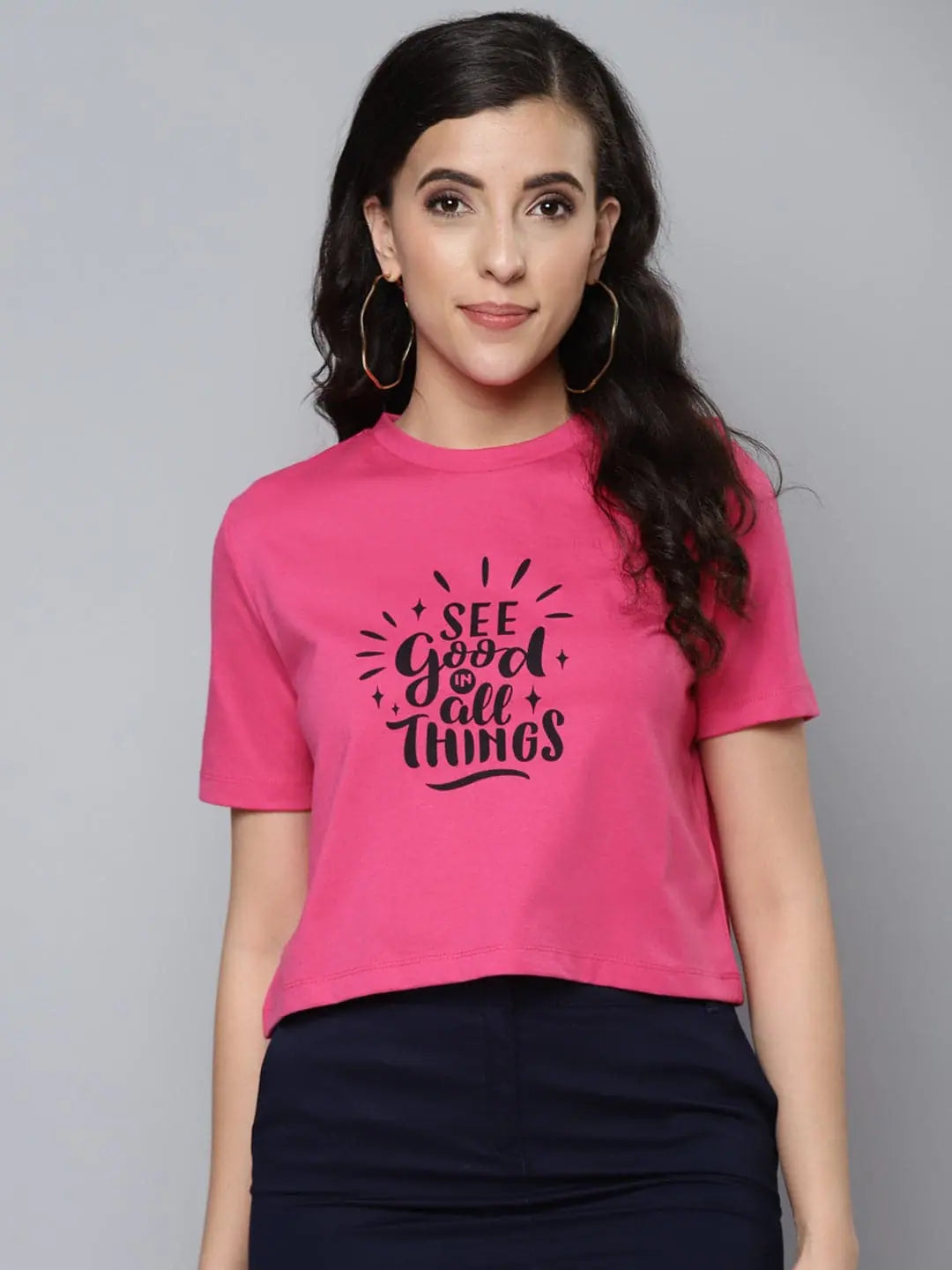 Women's Fuchsia SEE GOOD Crop Top - Printed Cotton Jersey Tee