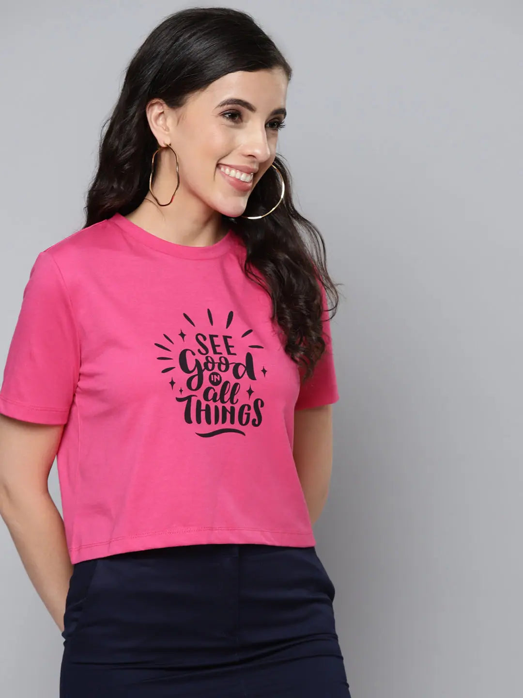 Women's Fuchsia SEE GOOD Crop Top - Printed Cotton Jersey Tee