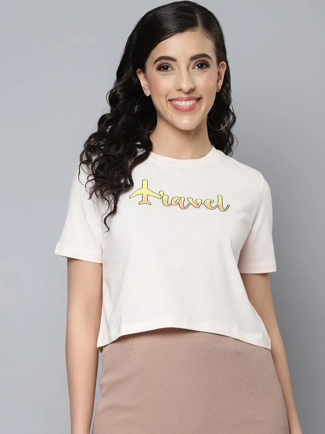 Women's TRAVEL Crop Top - Cream Boxy Fit T-Shirt