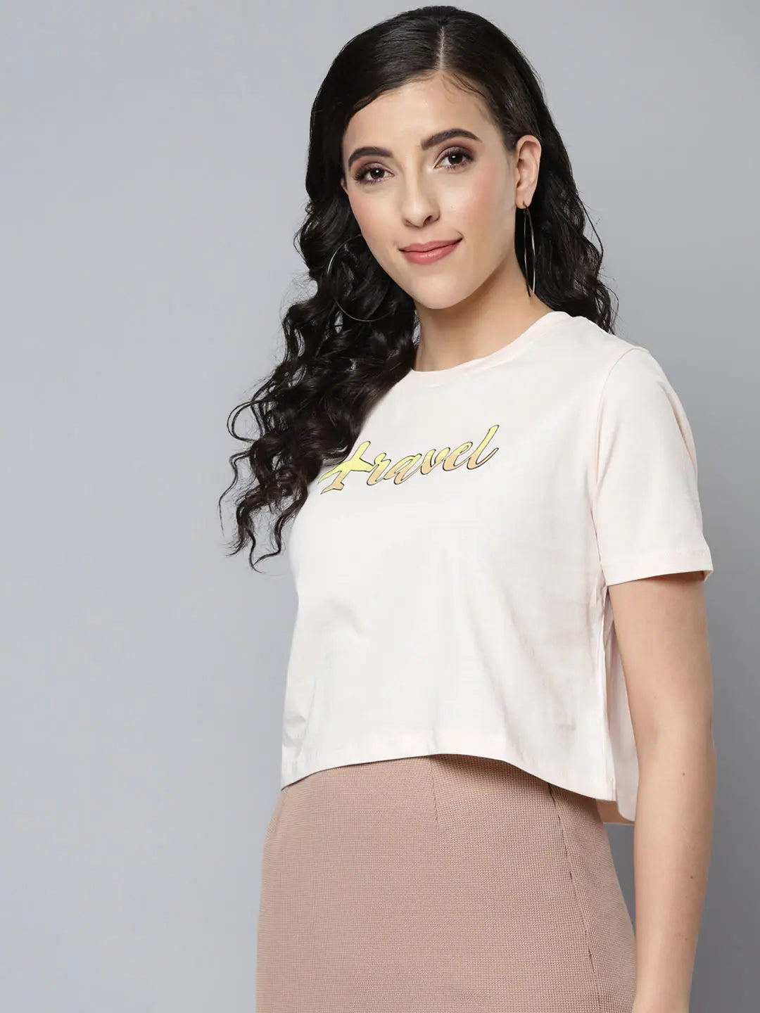 Women's TRAVEL Crop Top - Cream Boxy Fit T-Shirt