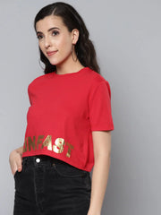 Women Red RUN FAST Golden Foil Boxy Crop T-Shirt