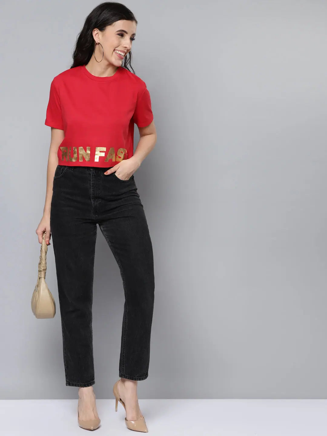 Red RUN FAST Crop Top - Women's Foil Print Cotton T-Shirt
