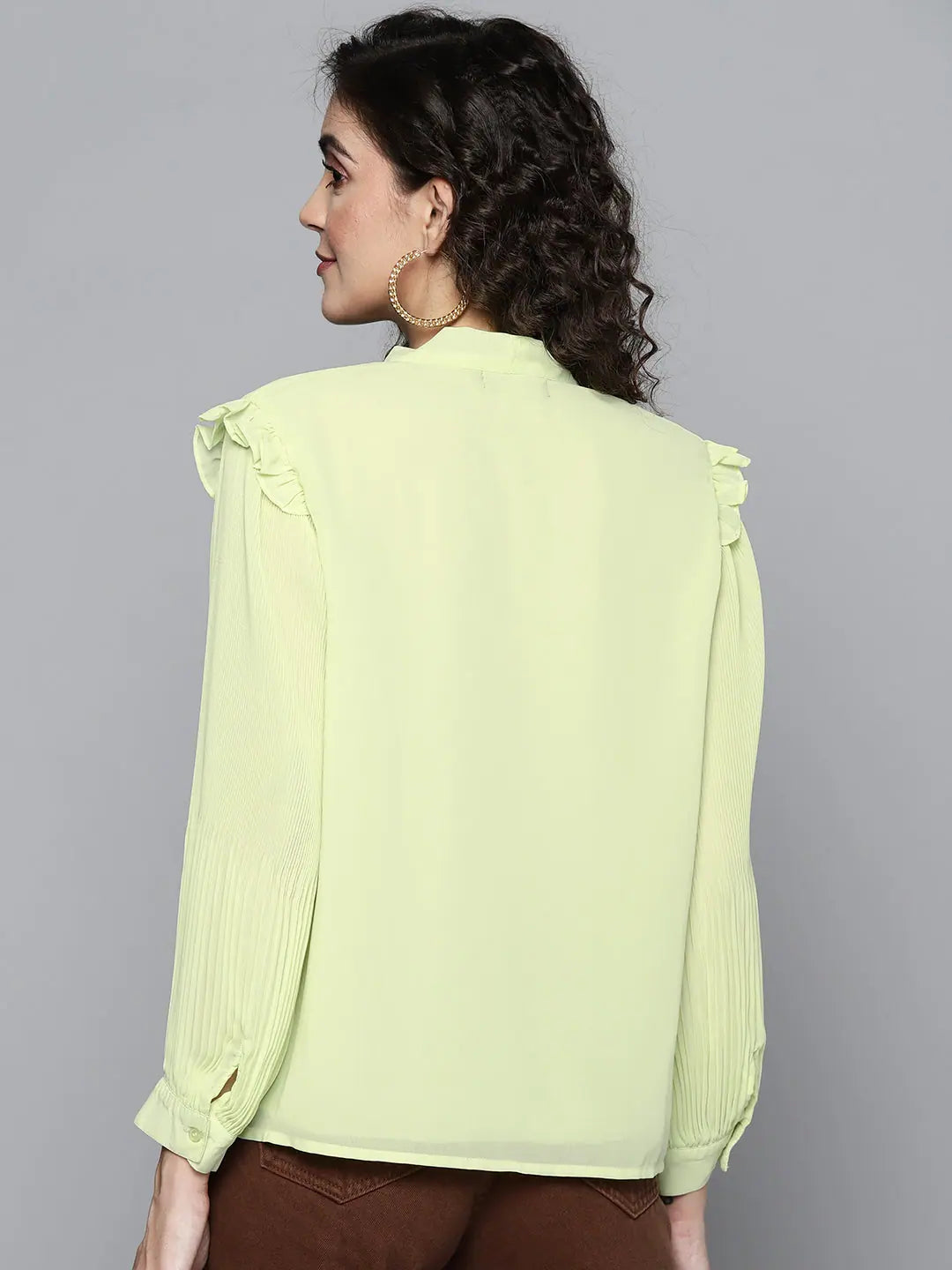 Sea Green Tie-Up Top - Women's Pleated Sleeve Designer Top