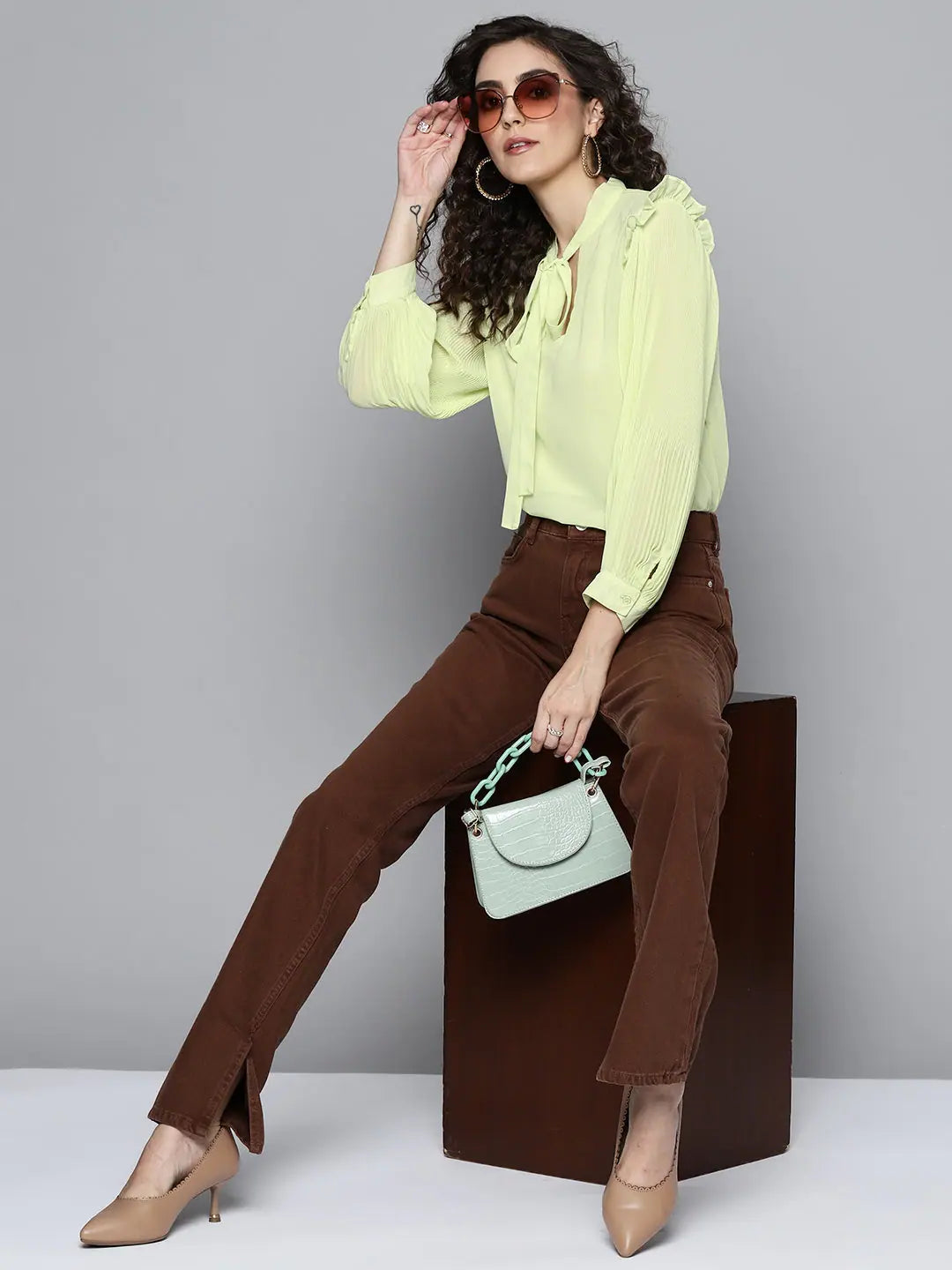 Sea Green Tie-Up Top - Women's Pleated Sleeve Designer Top